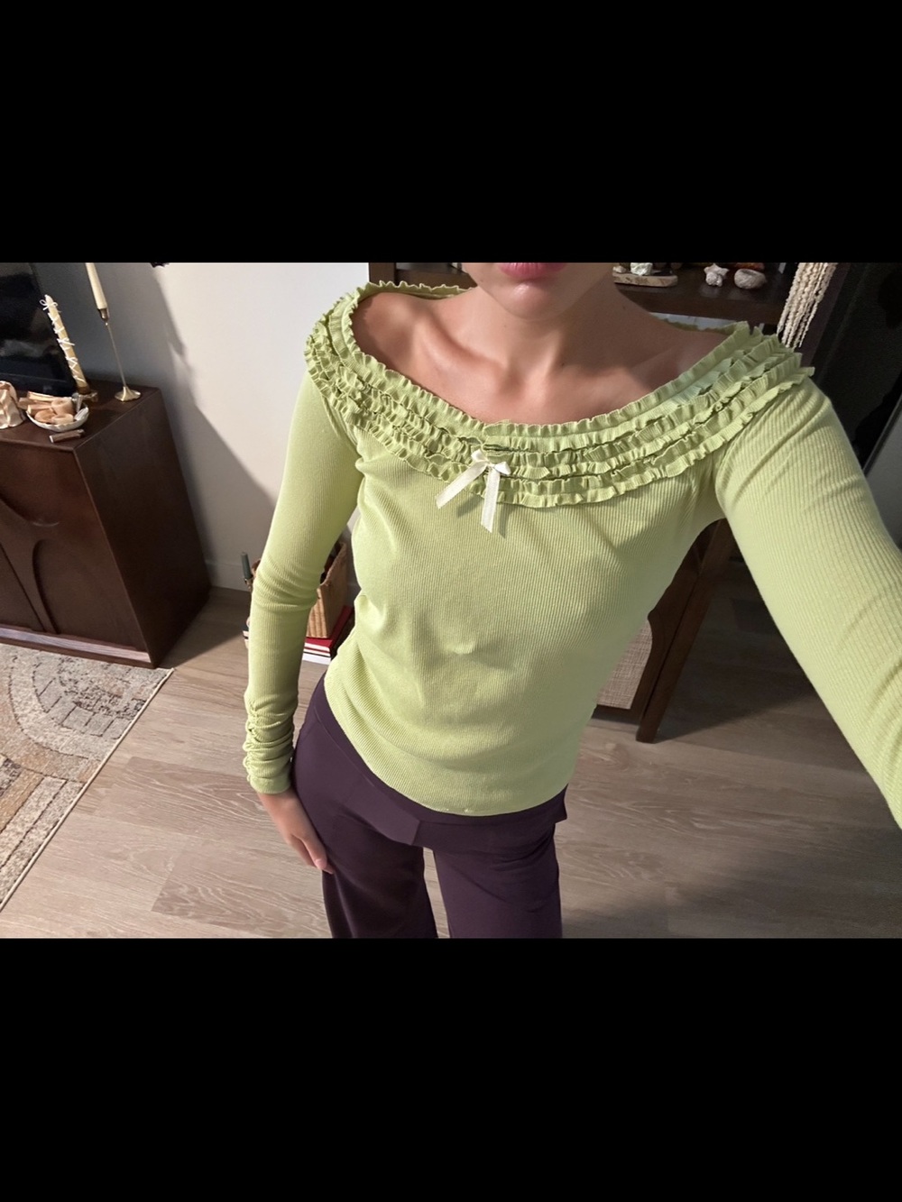 Kimchi Blue Lime Green Ruffled Off-Shoulder Long Sleeve Top